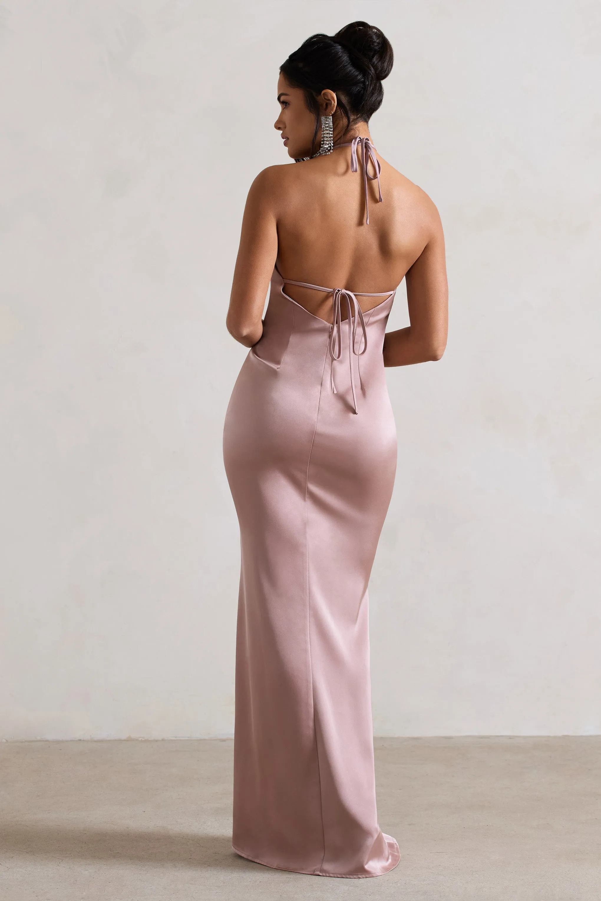 Cesca | Blush Pink Satin Halter-Neck Maxi Dress With Flower Corsage