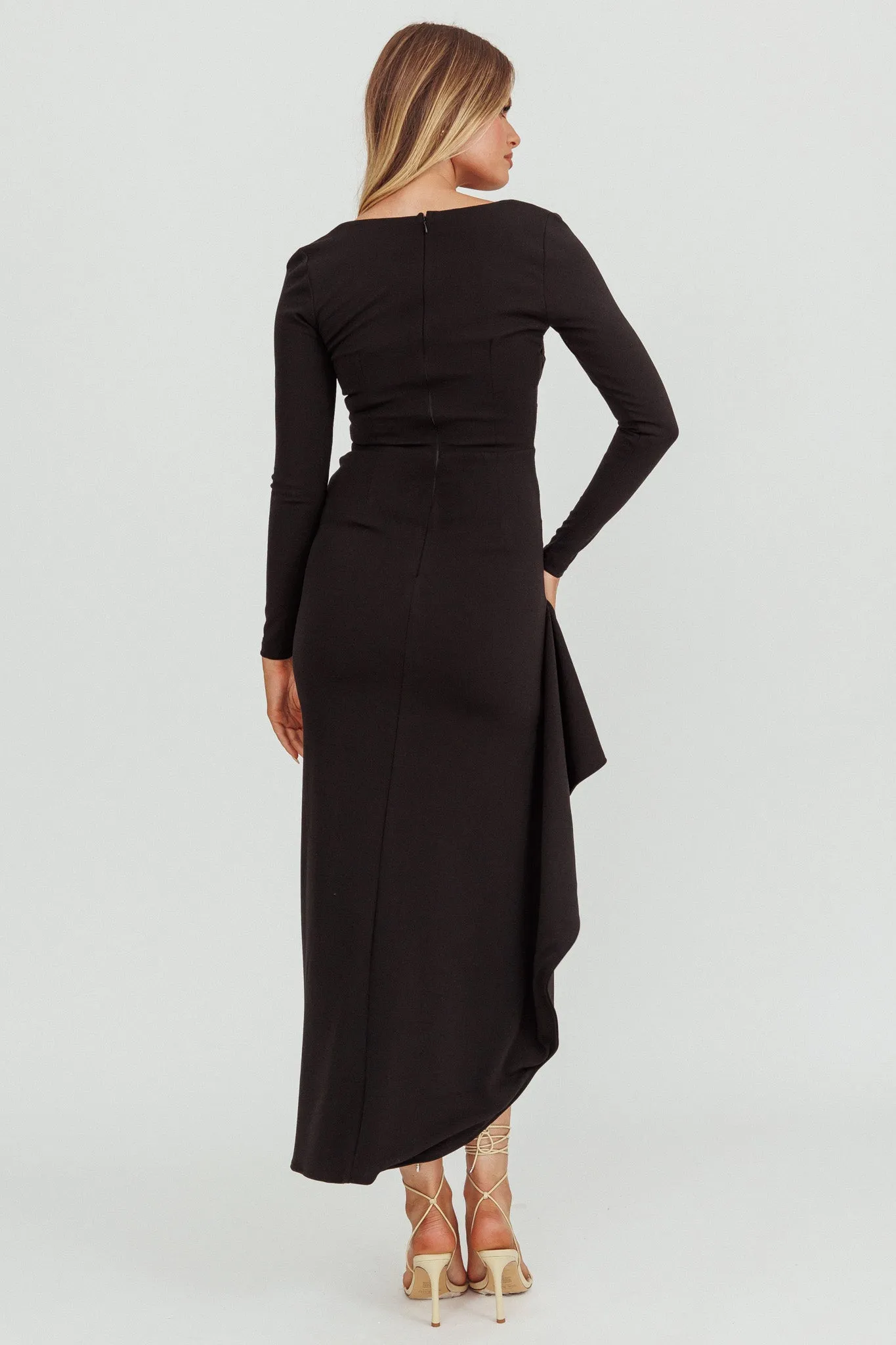 Cha Cha Long Sleeve Thigh Split Dress Black