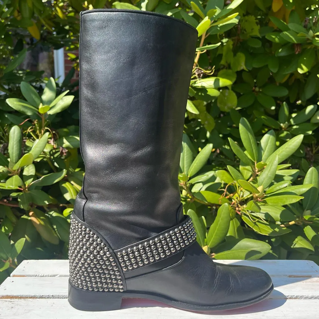 Christian Louboutin Studded Buckle Leather Biker Boots - Size 37.5