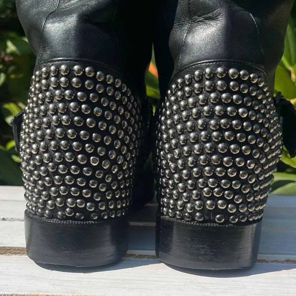 Christian Louboutin Studded Buckle Leather Biker Boots - Size 37.5