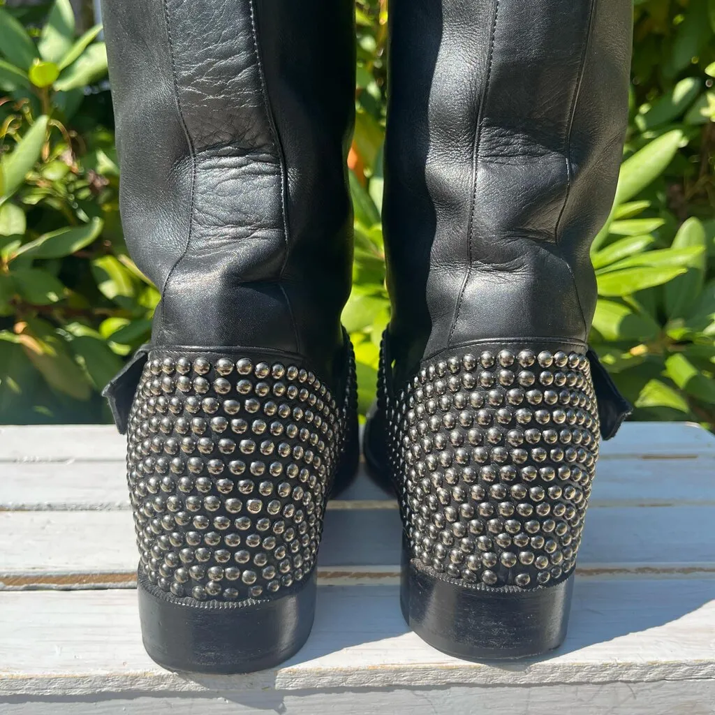 Christian Louboutin Studded Buckle Leather Biker Boots - Size 37.5