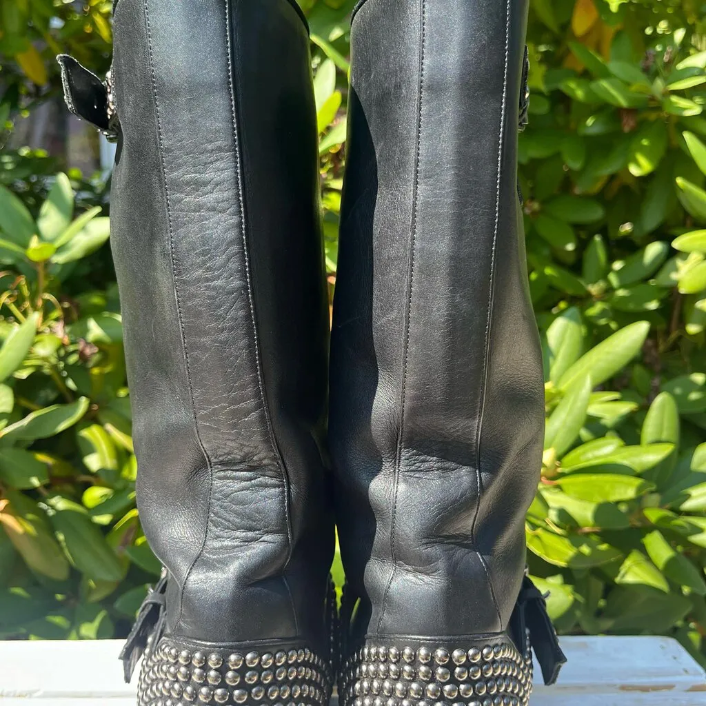 Christian Louboutin Studded Buckle Leather Biker Boots - Size 37.5