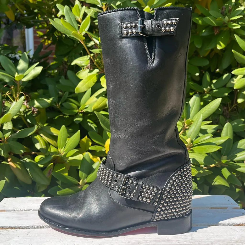 Christian Louboutin Studded Buckle Leather Biker Boots - Size 37.5