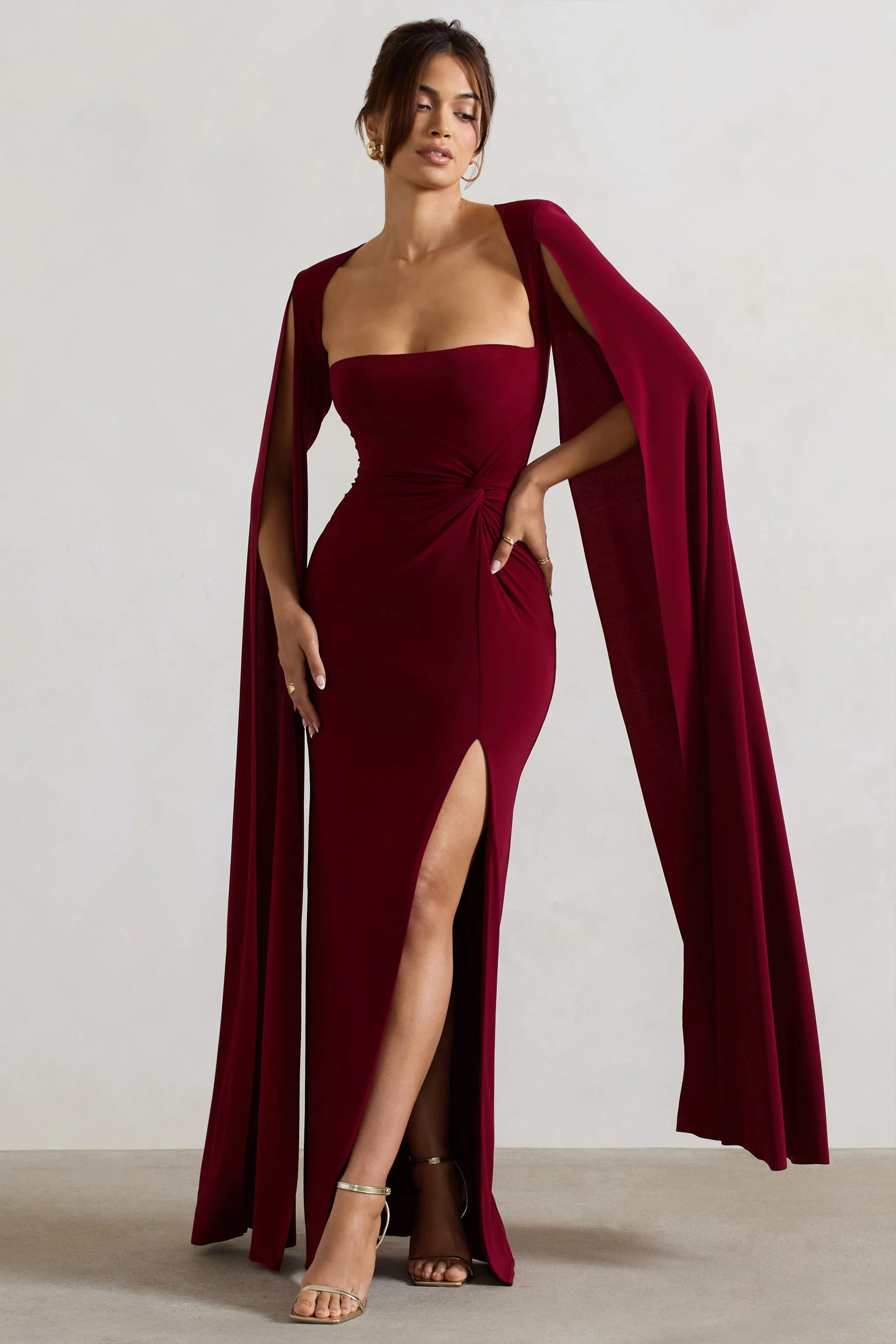 Claretta | Berry Square Neck Twisted Maxi Dress With Cape Sleeves