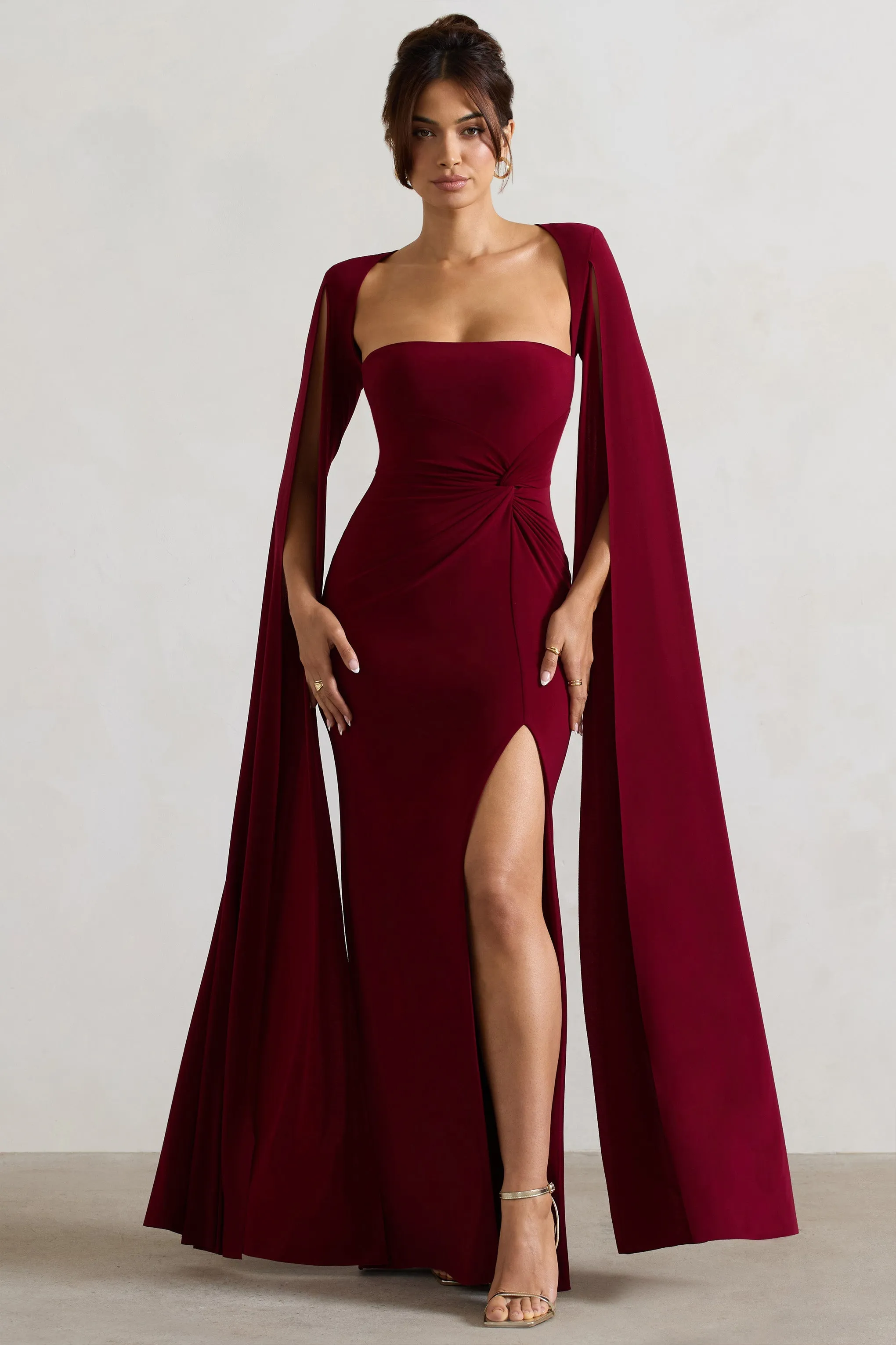 Claretta | Berry Square Neck Twisted Maxi Dress With Cape Sleeves