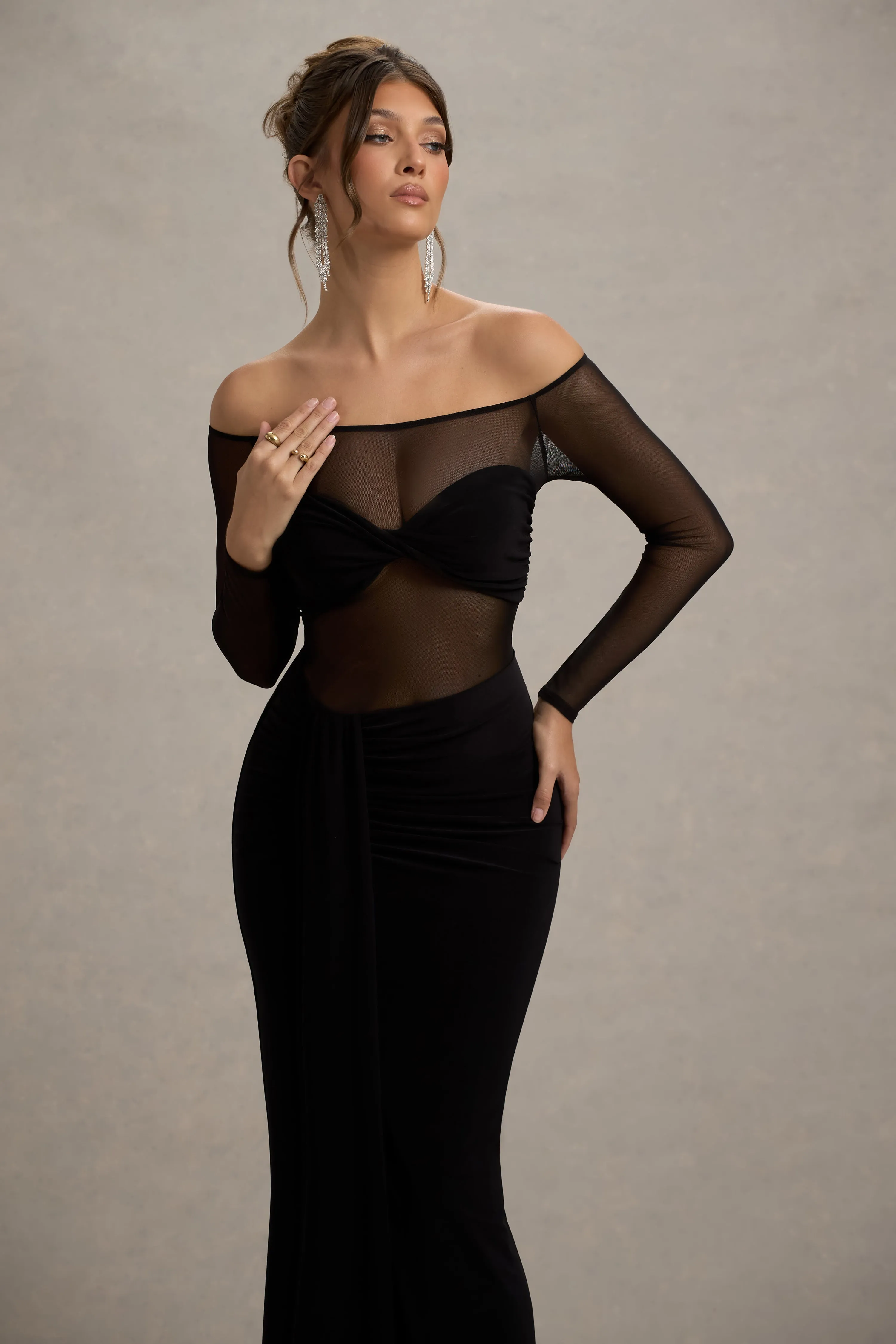 Cover Star | Black Mesh Bardot Long-Sleeve Draped Maxi Dress