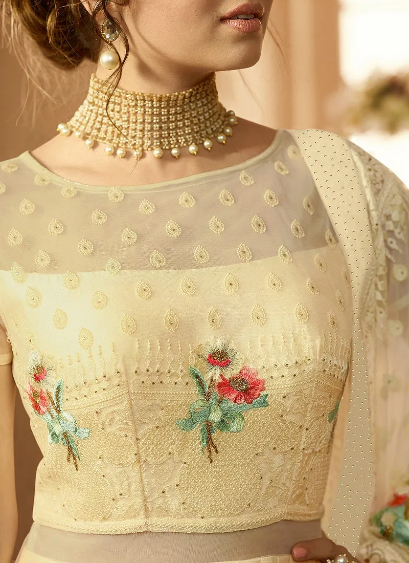 Cream Crush Cutout Detail Bunch Embroidered Anarkali Suit