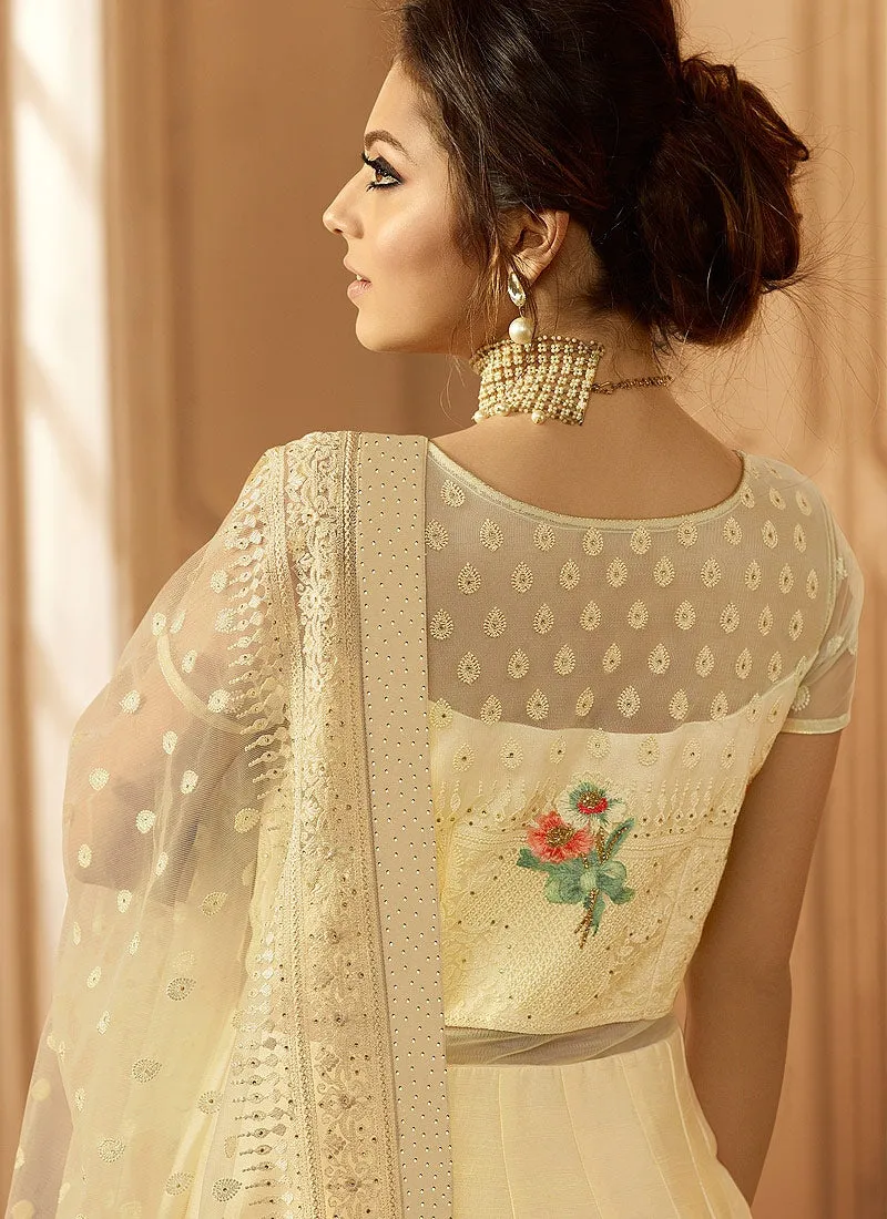 Cream Crush Cutout Detail Bunch Embroidered Anarkali Suit