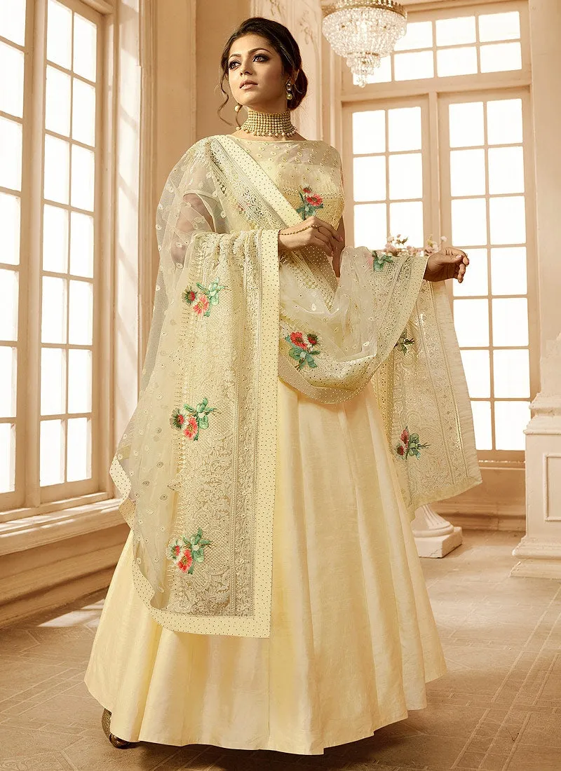 Cream Crush Cutout Detail Bunch Embroidered Anarkali Suit