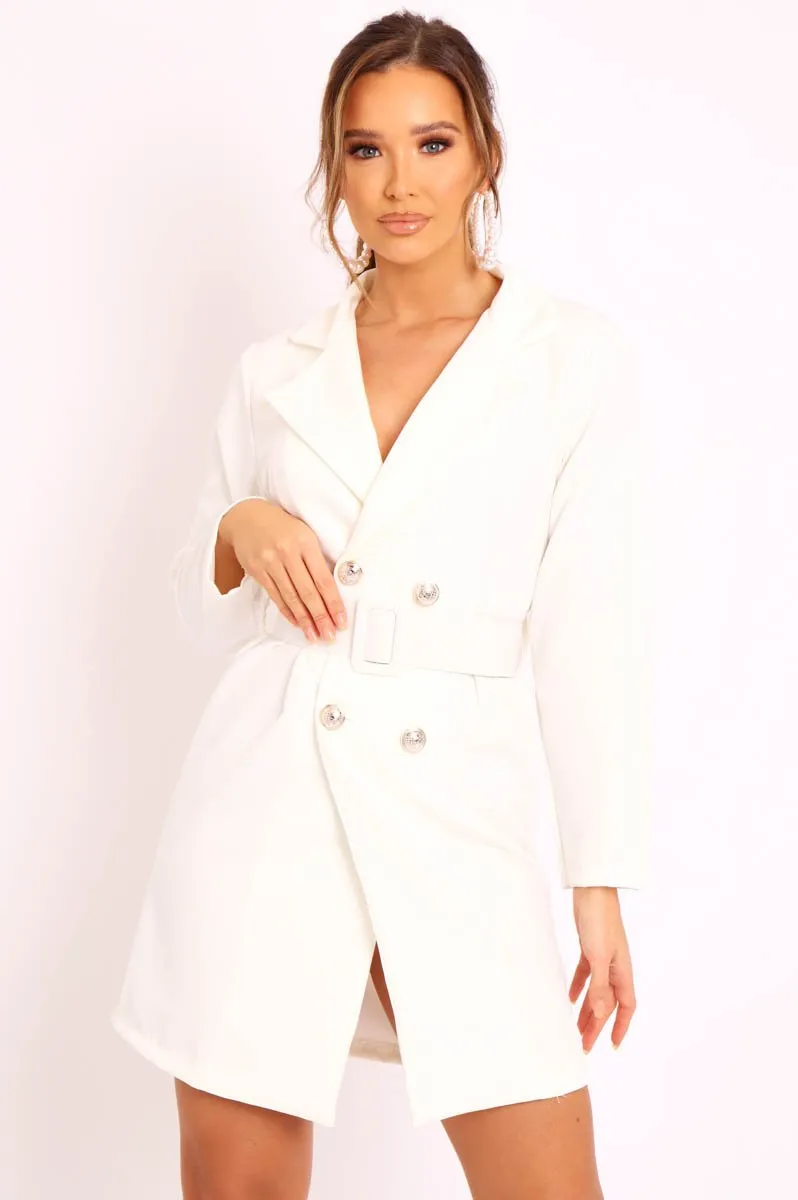 Cream Silver Button Belted Blazer Dress - Hattie