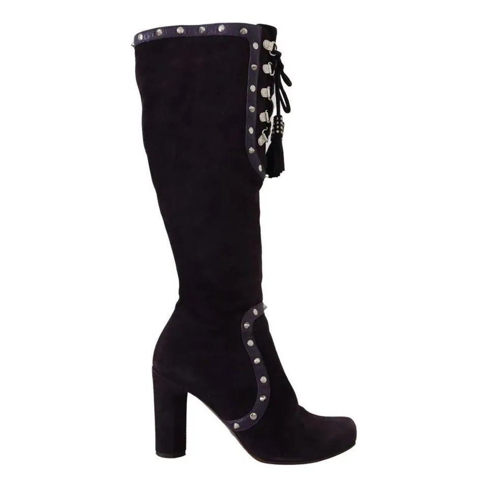 Dolce & Gabbana Purple Suede Leather Studded High Boots Shoes