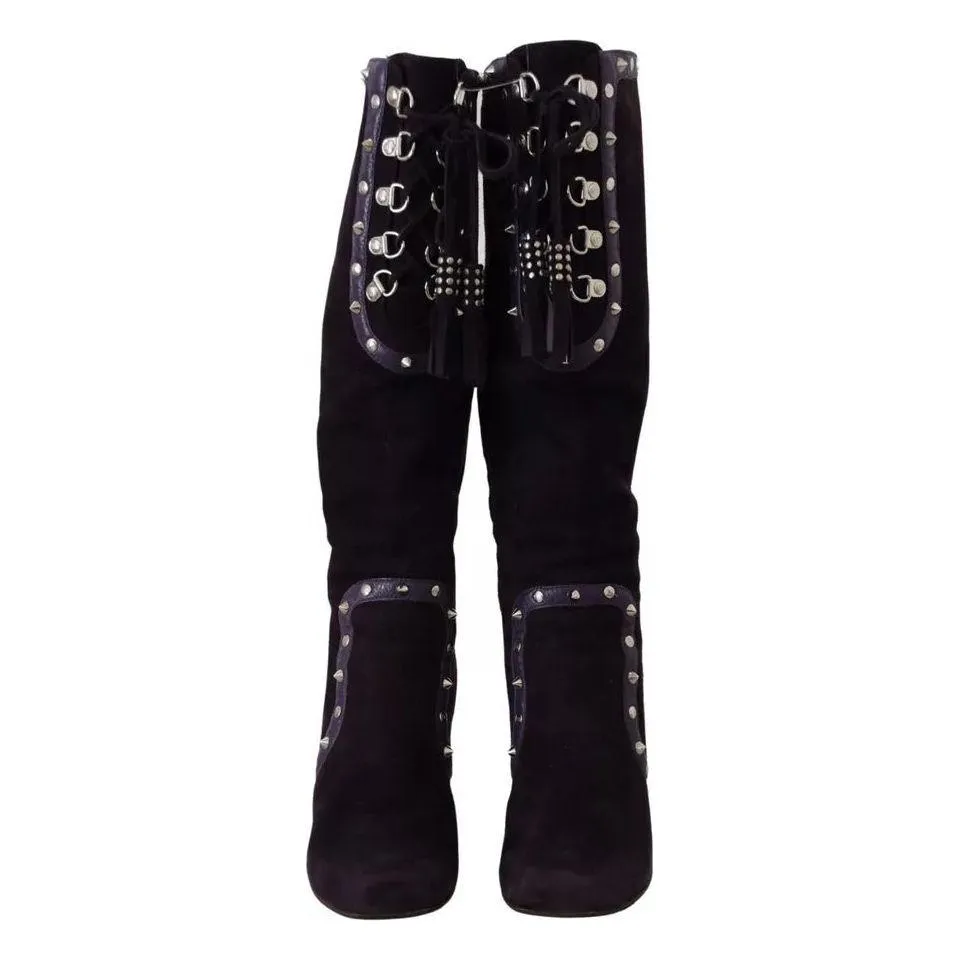 Dolce & Gabbana Purple Suede Leather Studded High Boots Shoes