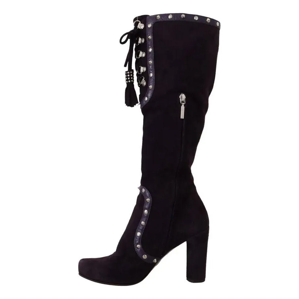 Dolce & Gabbana Purple Suede Leather Studded High Boots Shoes