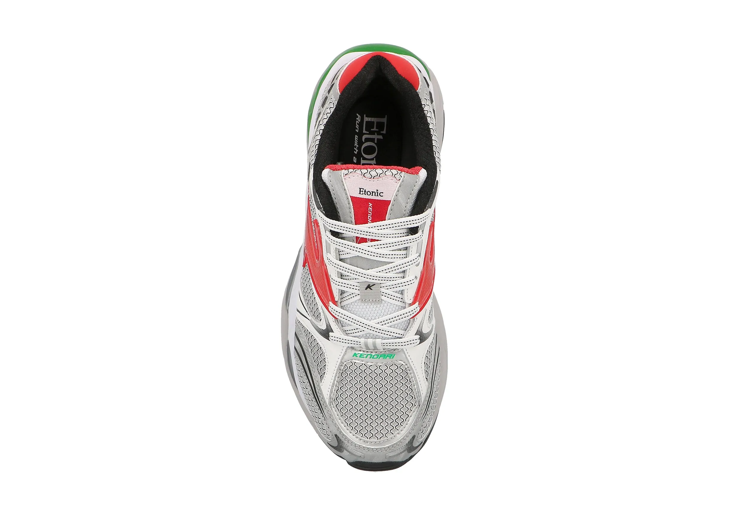 Etonic Kendari 3.0 sneakers in matte silver and white leather, light grey mesh, pink inserts and red details.