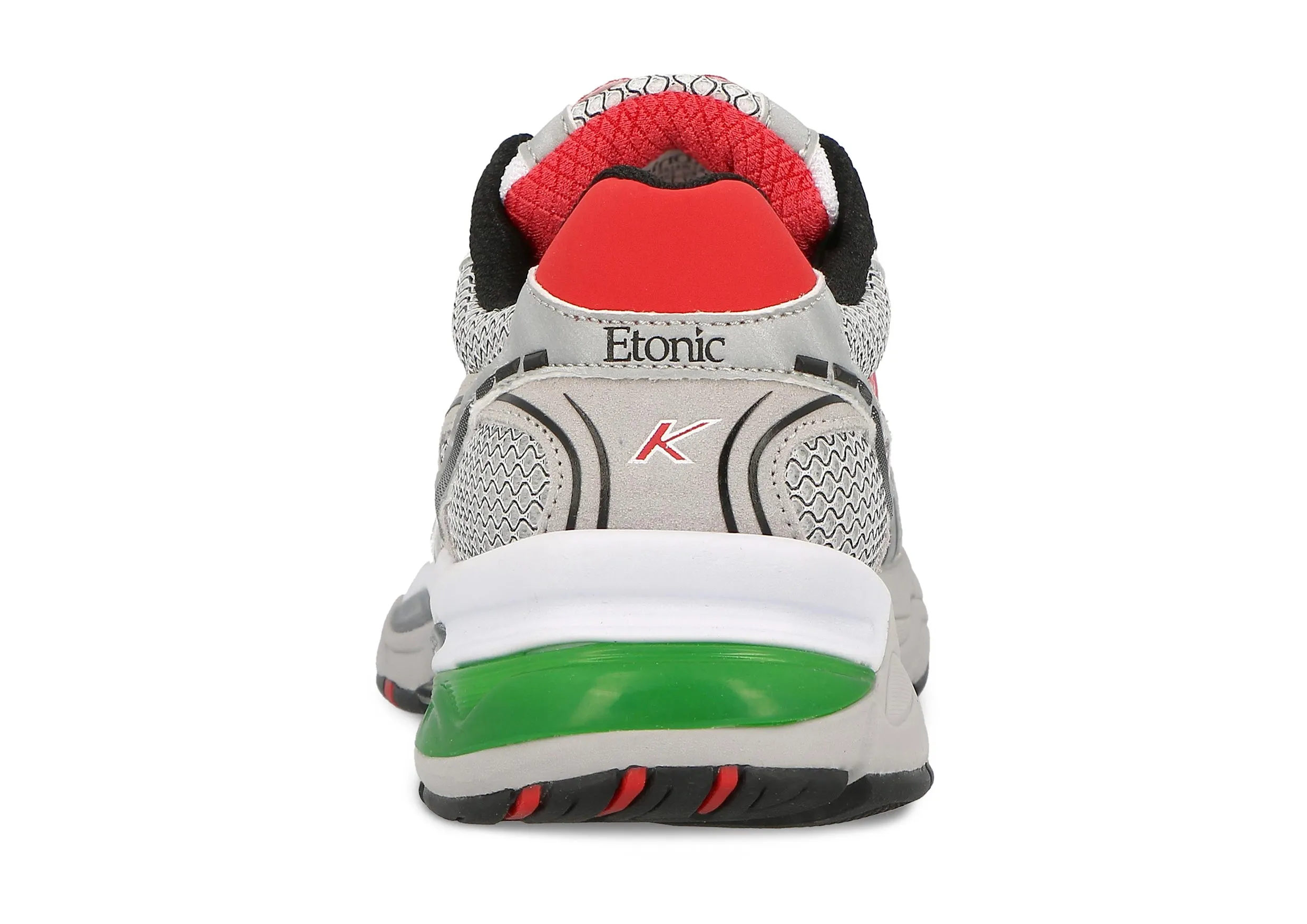 Etonic Kendari 3.0 sneakers in matte silver and white leather, light grey mesh, pink inserts and red details.