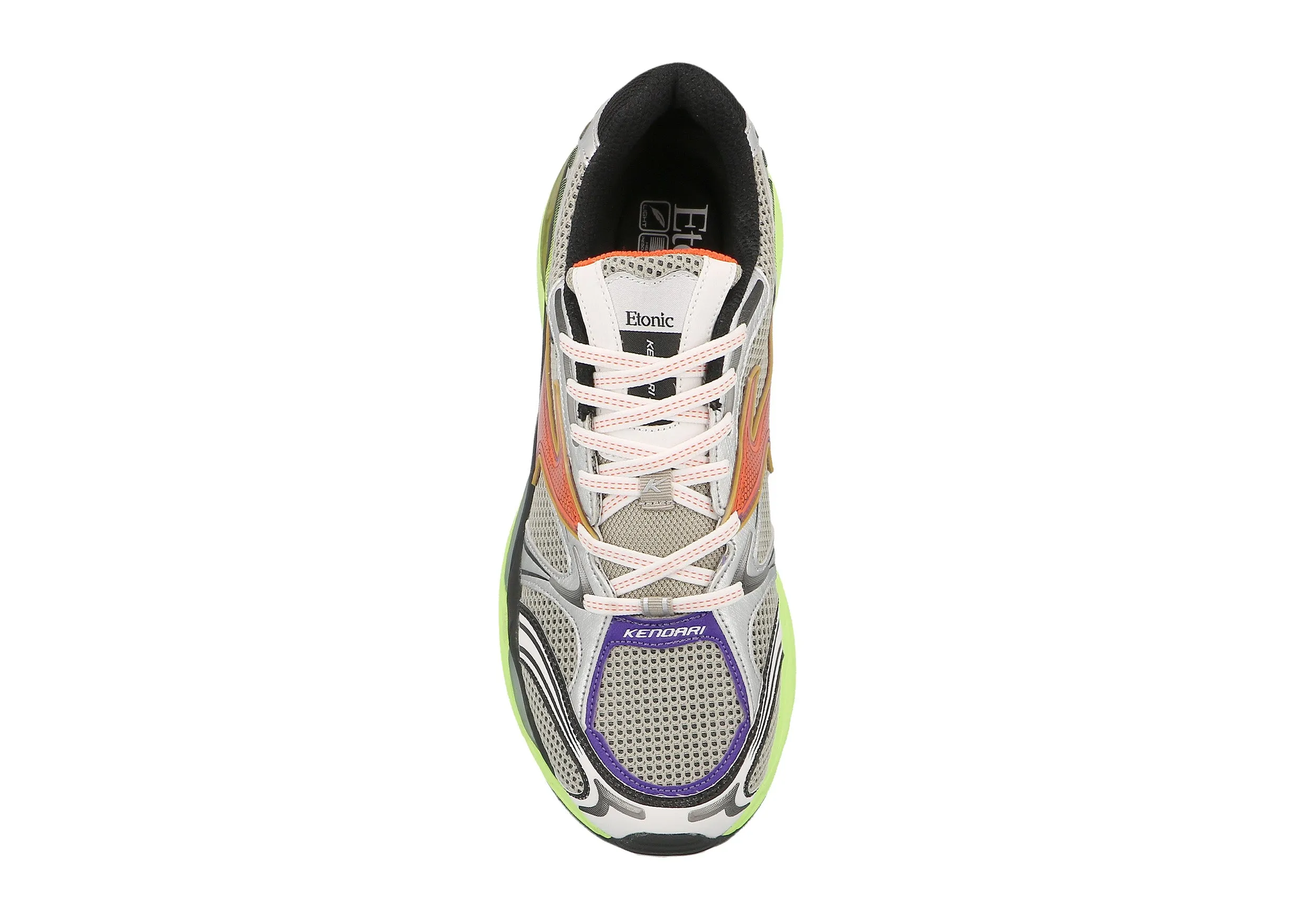 Etonic Kendari 3.0 sneakers in matte silver leather, light beige mesh with black details, multi-color inserts and a fluorescent green outsole.