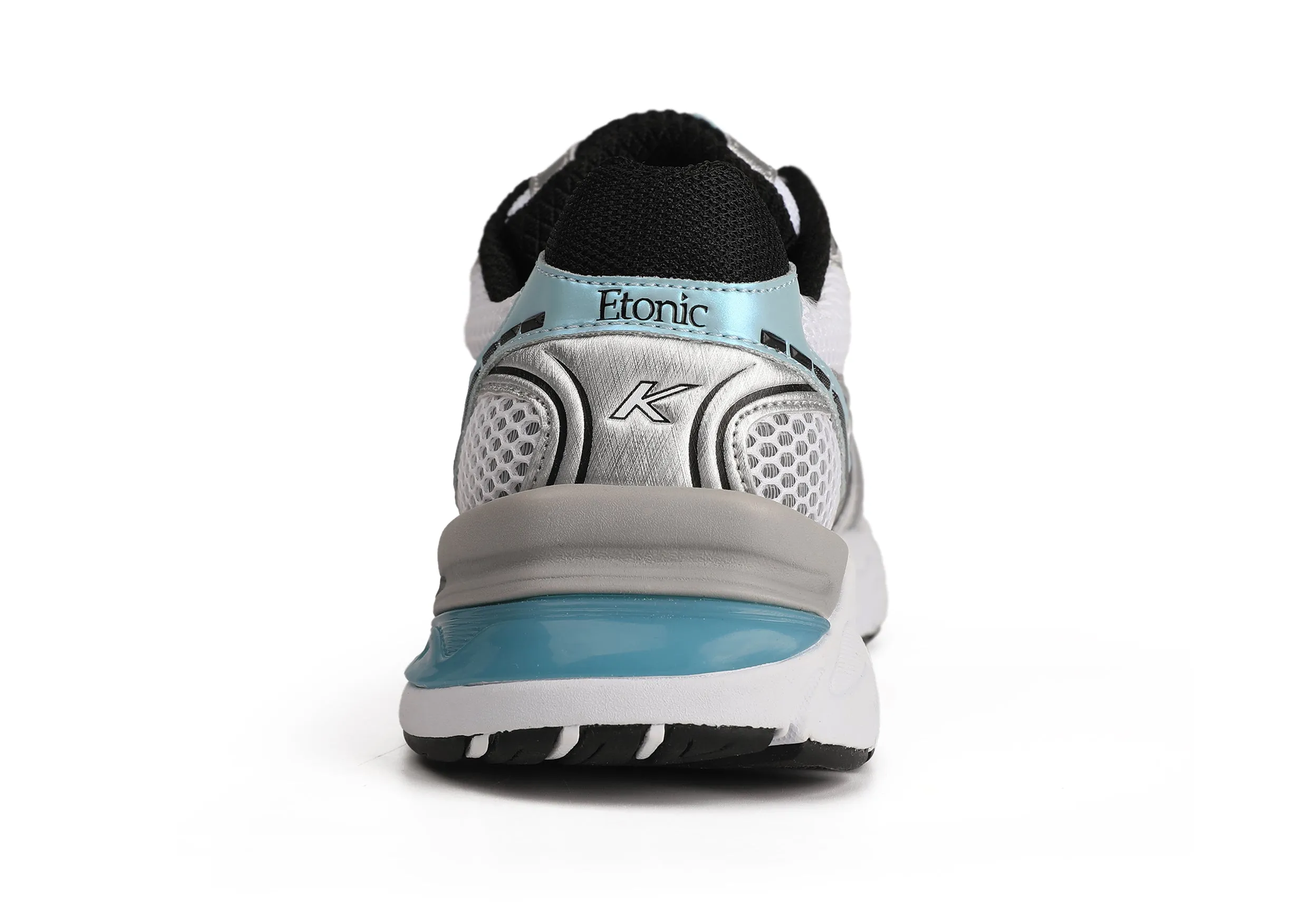 Etonic Kendari 3.0 sneakers in matte silver leather, white mesh and turquoise inserts and details.