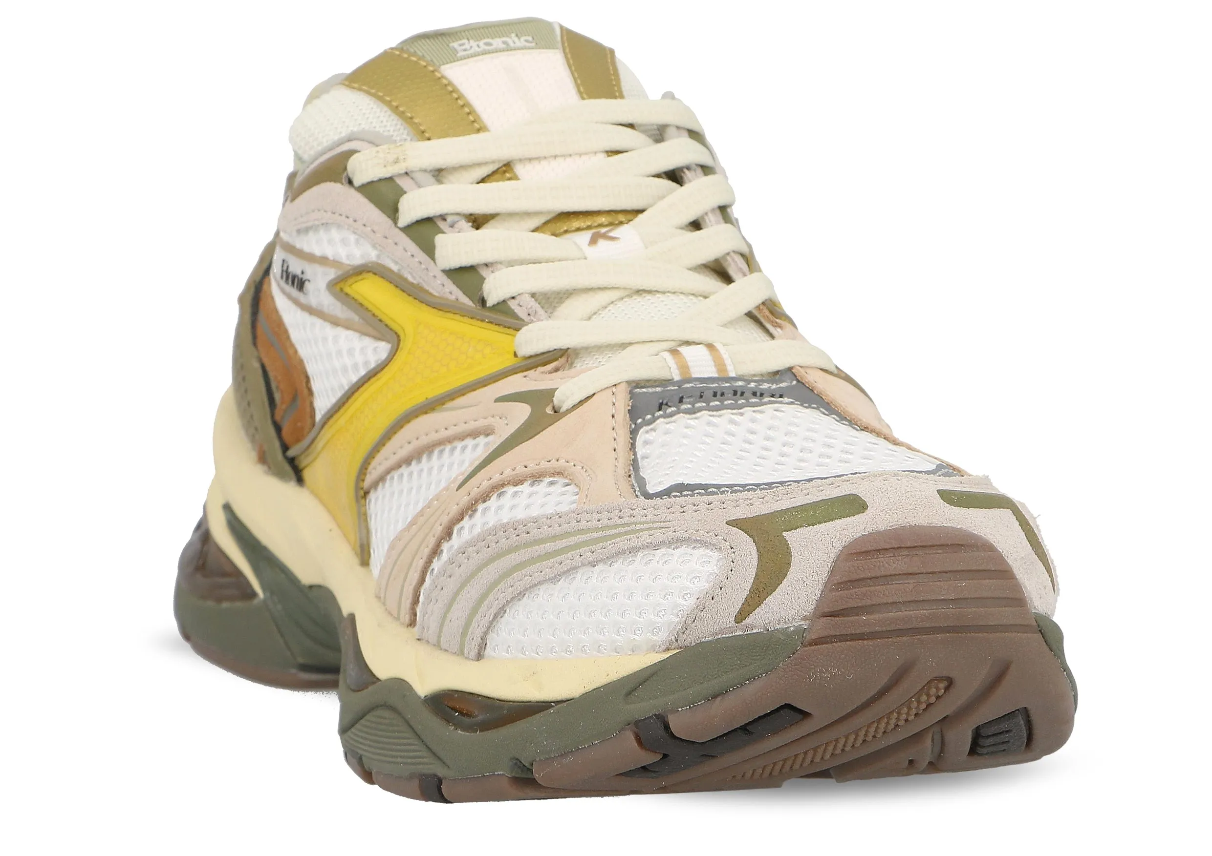 Etonic Kendari 3.0 sneakers in white mesh, beige and brown leather inserts with green and yellow details.