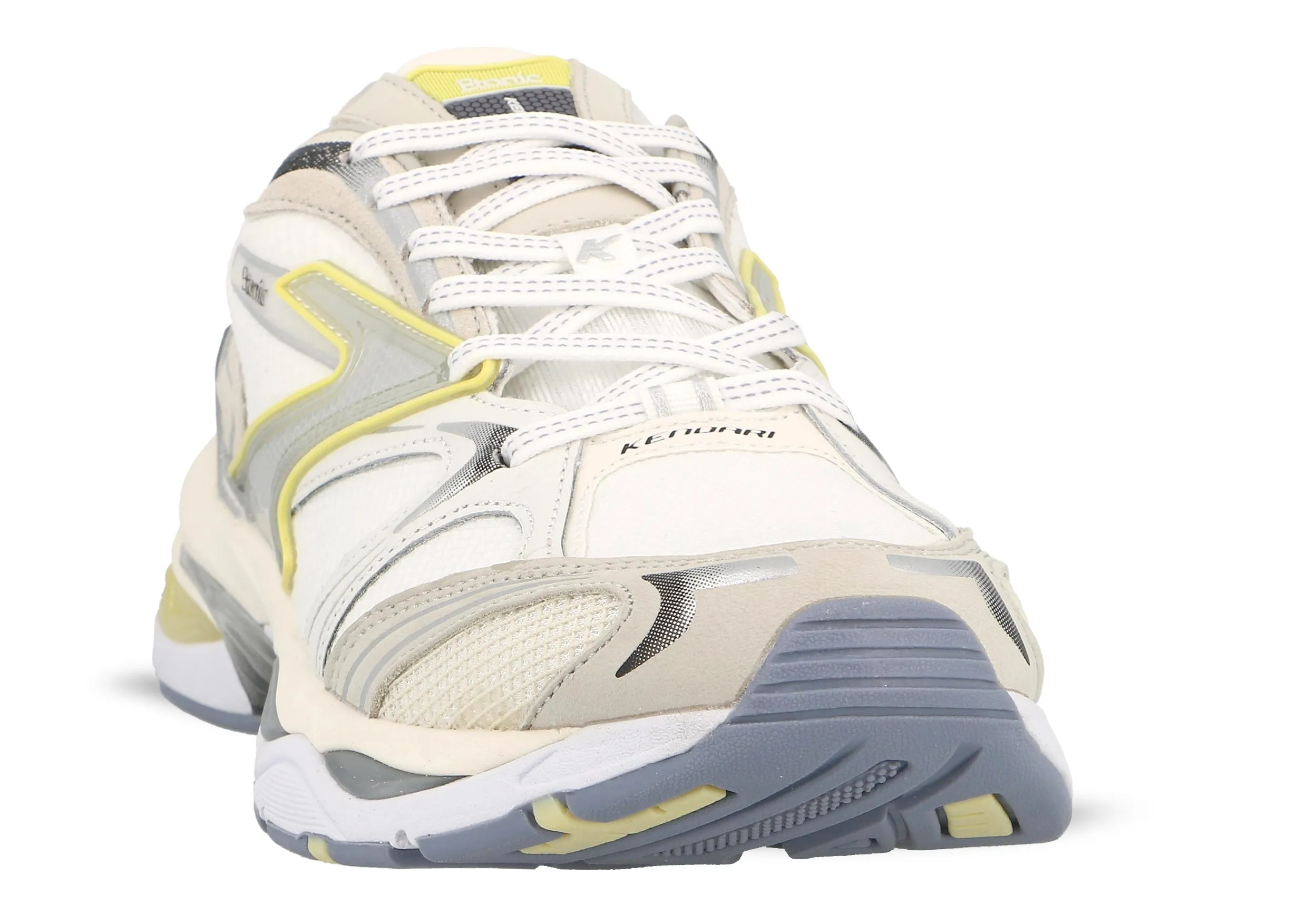 Etonic Kendari 3.0 sneakers in white mesh, white and grey leather inserts with silver and yellow details.