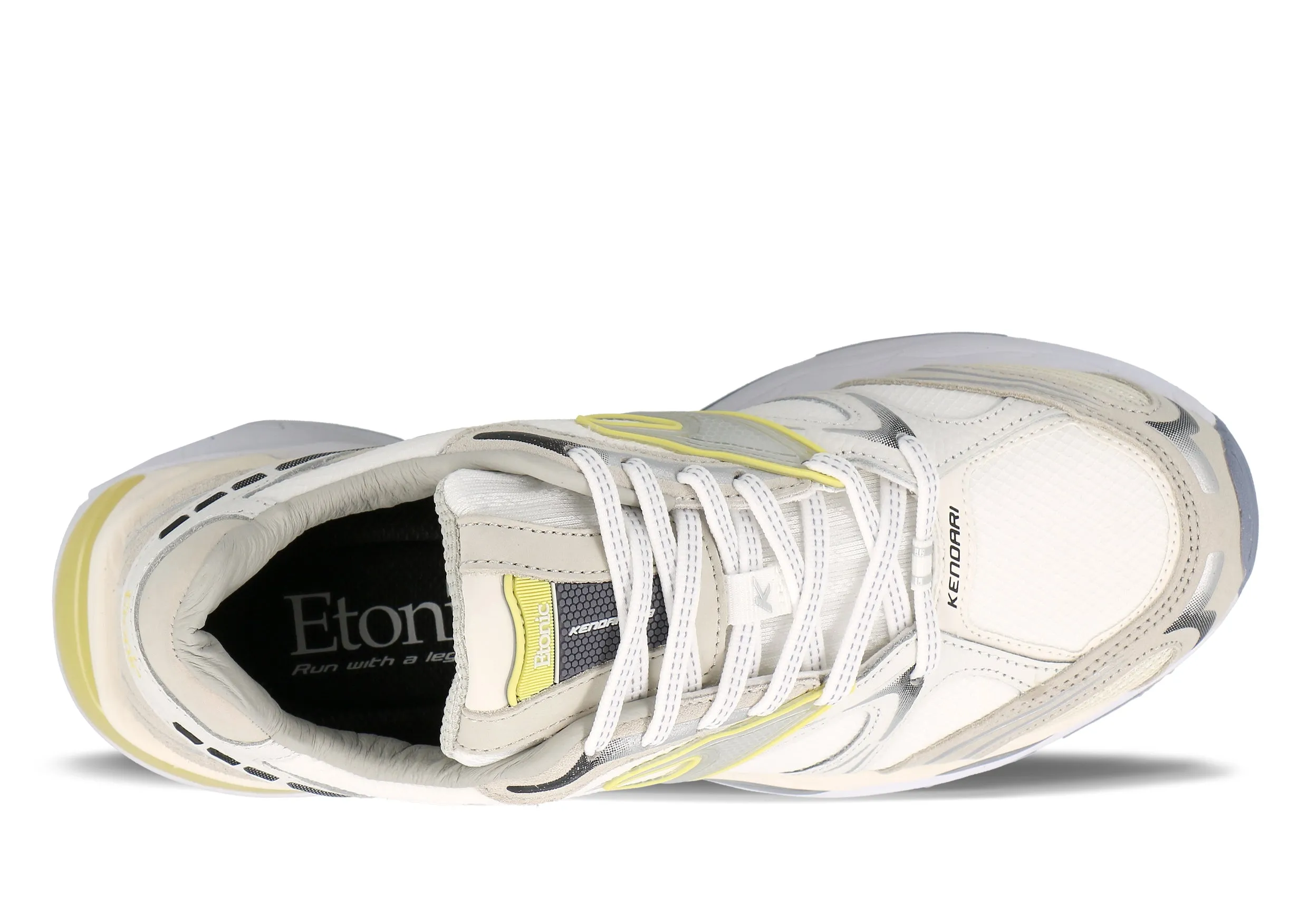 Etonic Kendari 3.0 sneakers in white mesh, white and grey leather inserts with silver and yellow details.