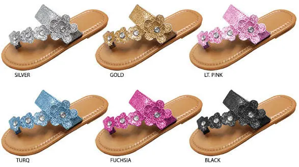 girls glitter toe ring sandals with flower and rhinestone embellishments Case of 36