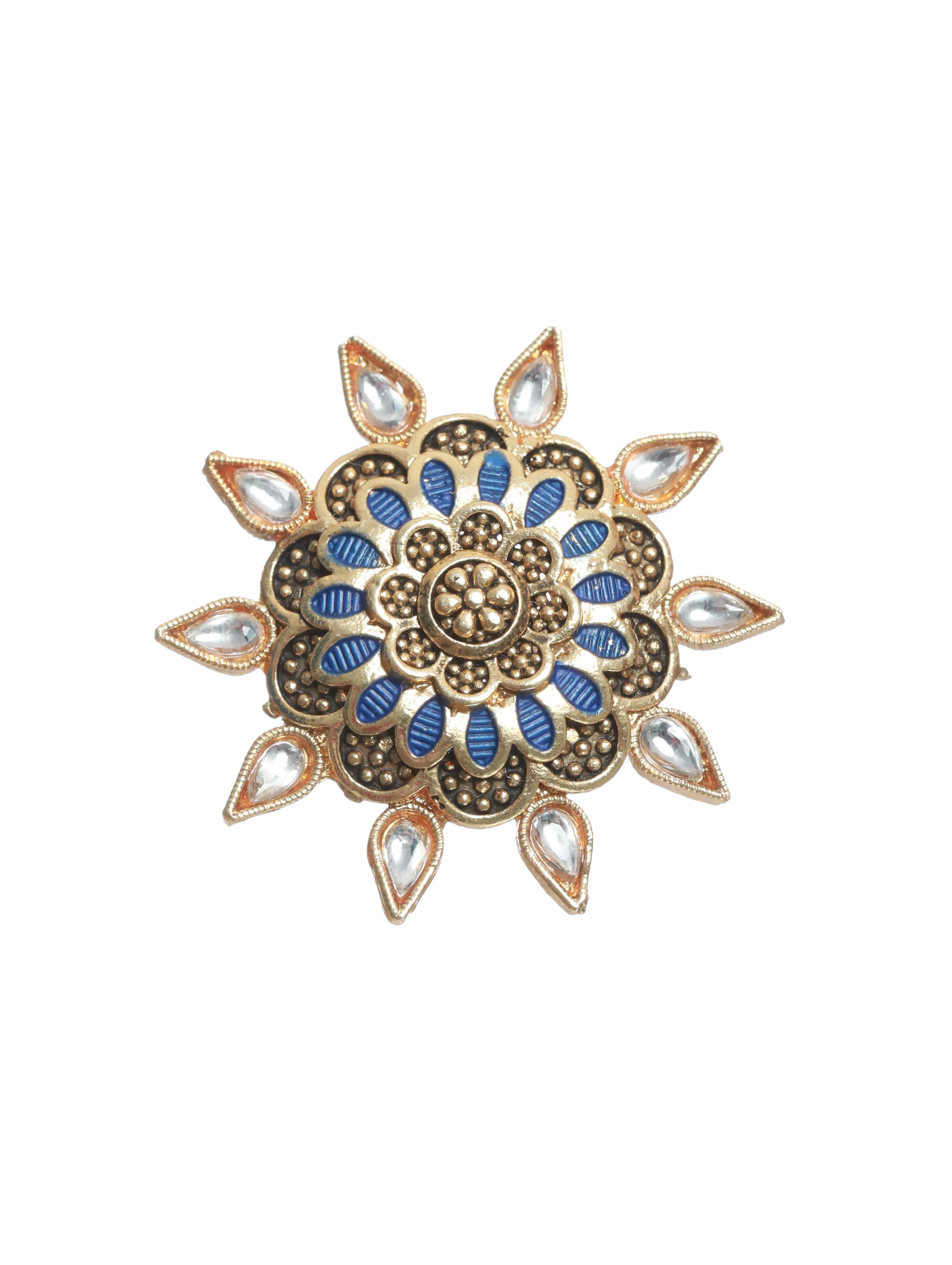 Gold-Plated Blue Enamelled White Stone Studded Handcrafted Adjustable Finger Ring