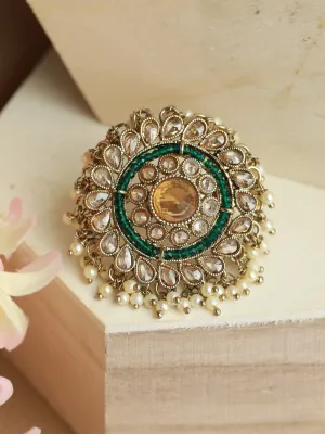 Gold-Plated Green & White Kundan-Studded & Beaded Adjustable Finger Ring