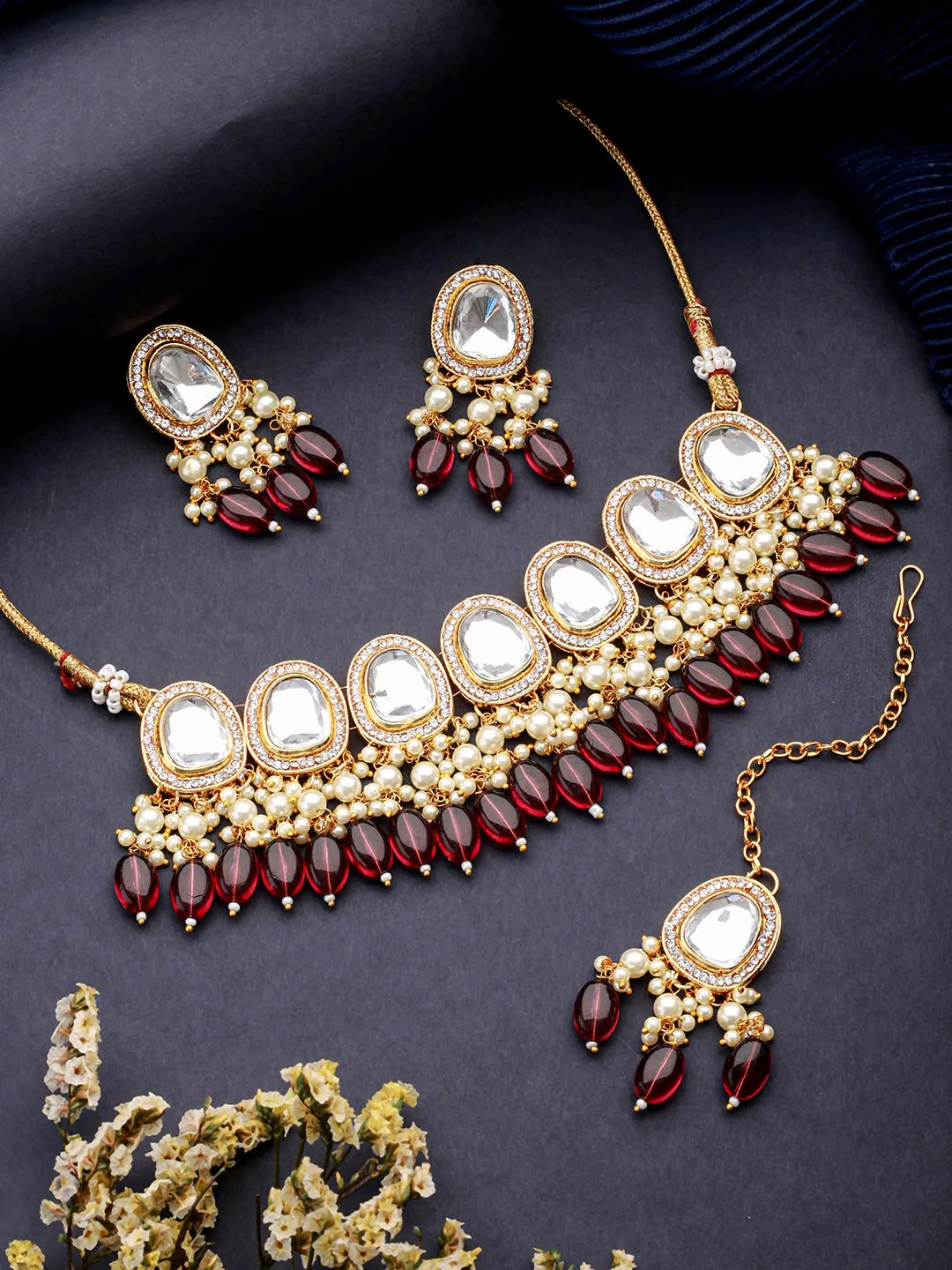 Gold Plated Kundan Studded & Beaded Jewellery Set With Maangtikka (Copy)