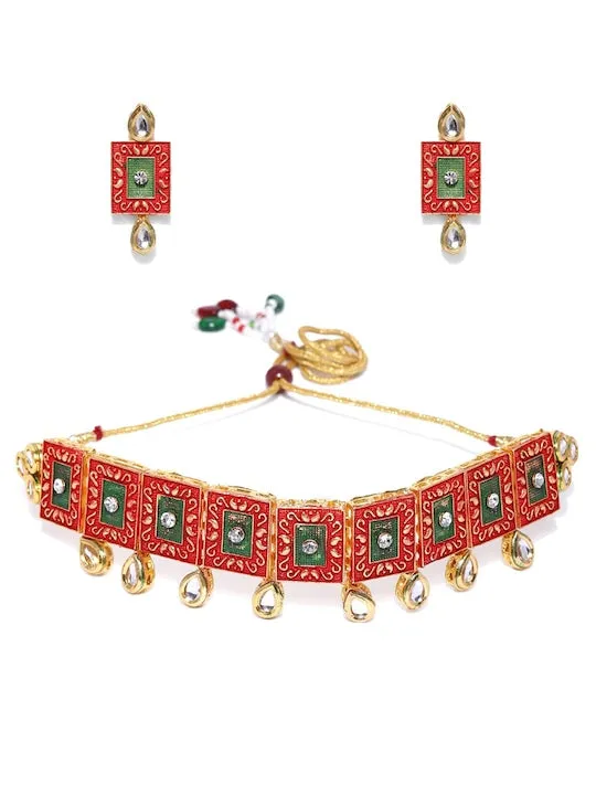 Gold-Plated Kundan-Studded & Beaded Meenakari Jewellery Set