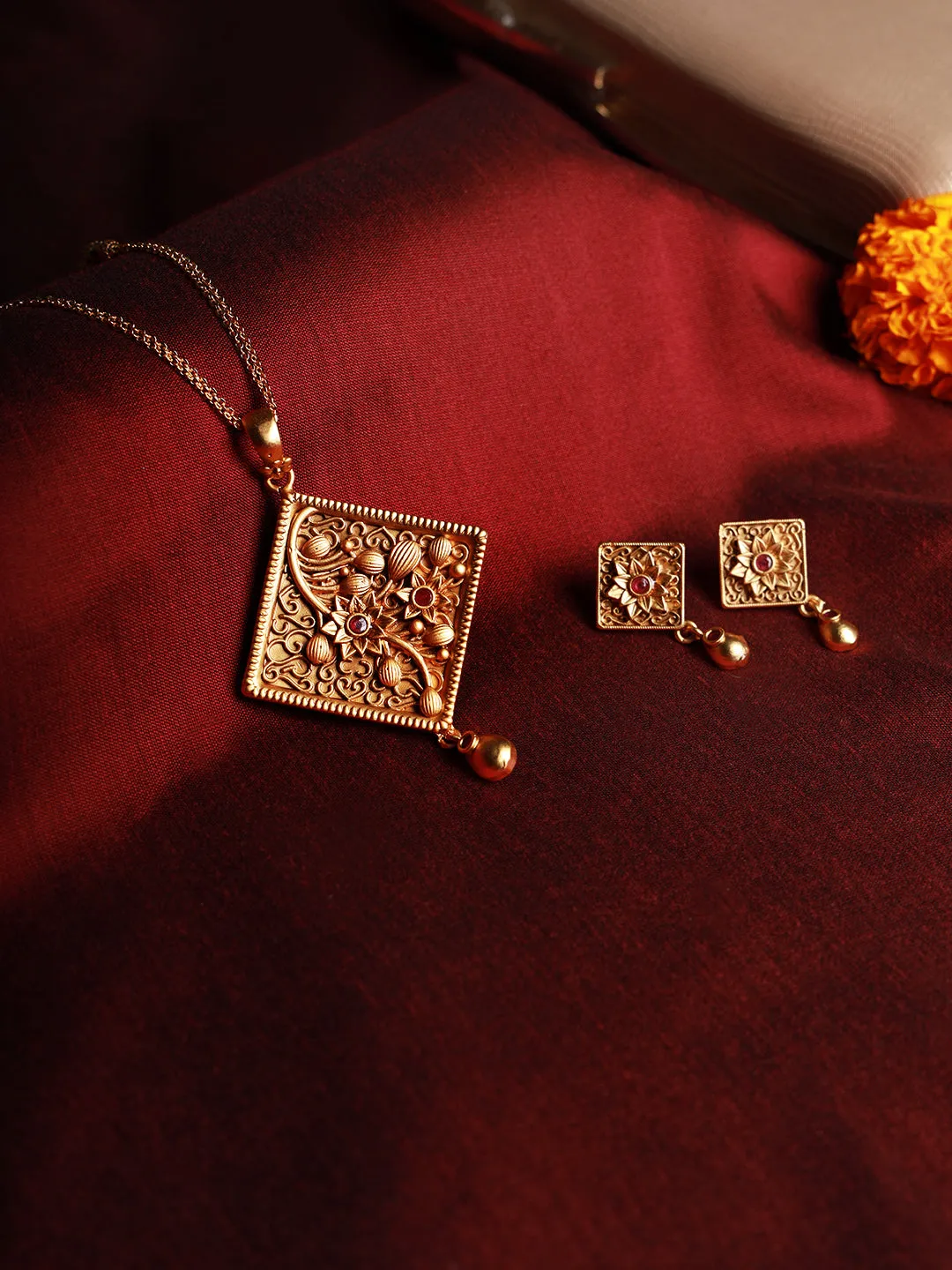 Gold-Plated Maroon Studded Handcrafted Jewellery Set