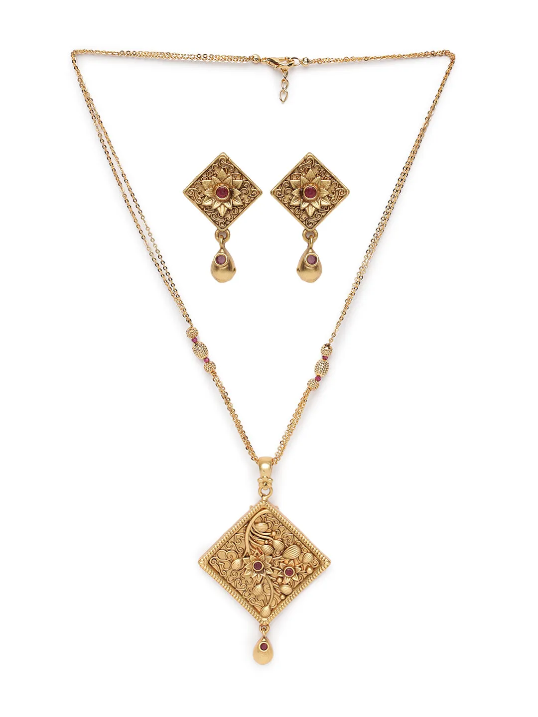 Gold-Plated Maroon Studded Handcrafted Jewellery Set