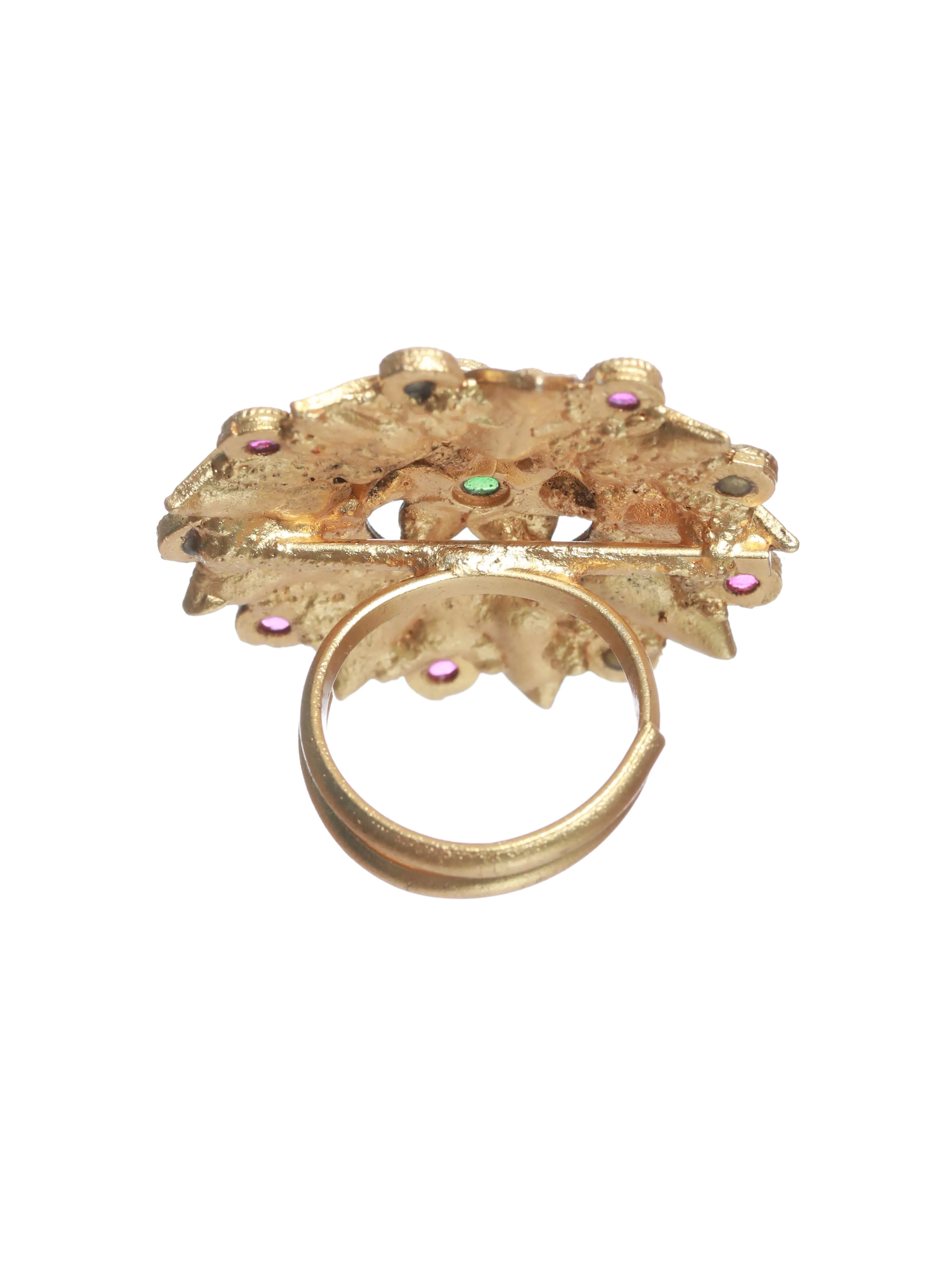 Gold-Plated Pink & White Stone Studded Antique Finger Ring