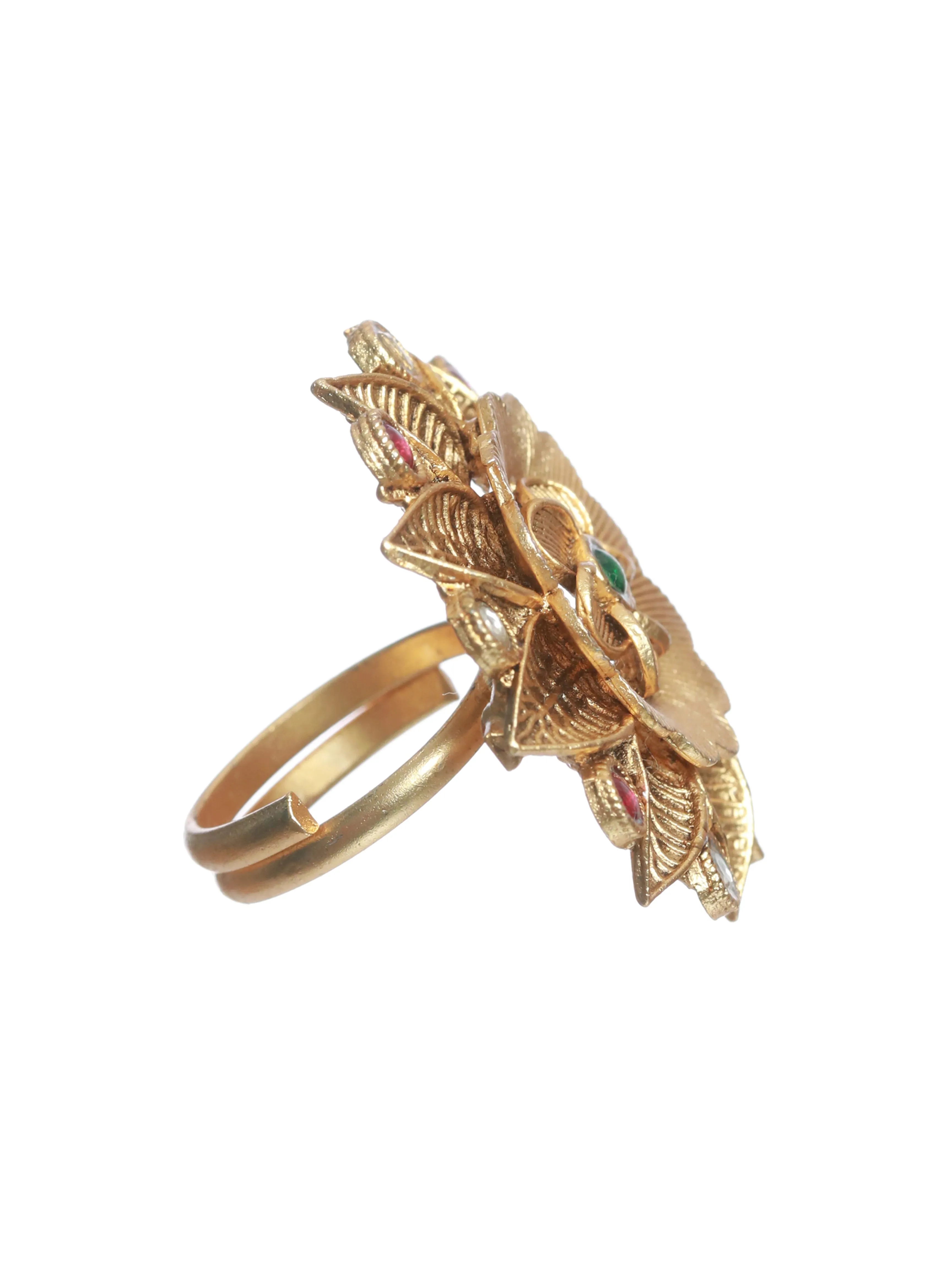 Gold-Plated Pink & White Stone Studded Antique Finger Ring