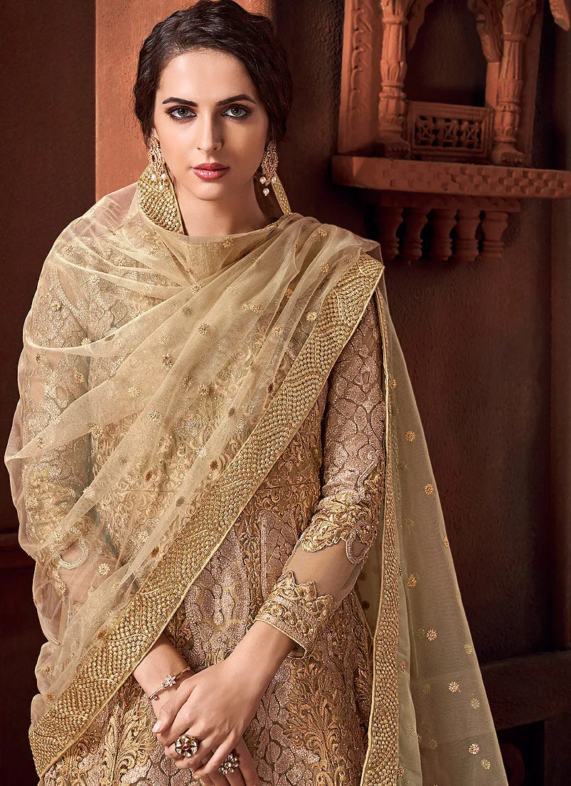 Golden Beige Embroidered Anarkali Suit