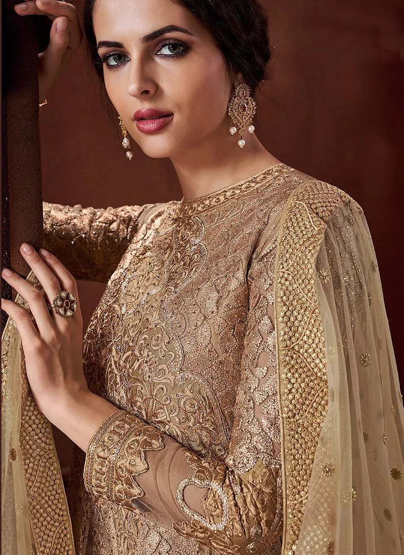 Golden Beige Embroidered Anarkali Suit