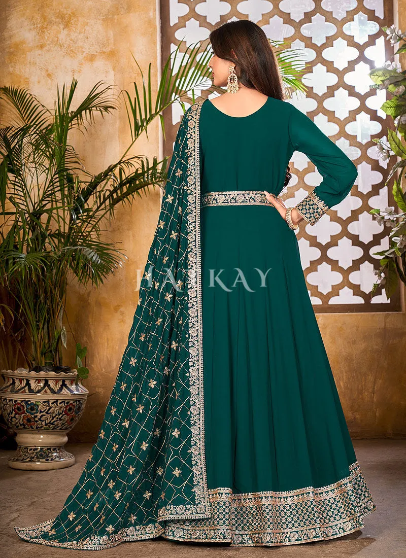 Green And Gold Embroidered Gorgette Anarkali Suit