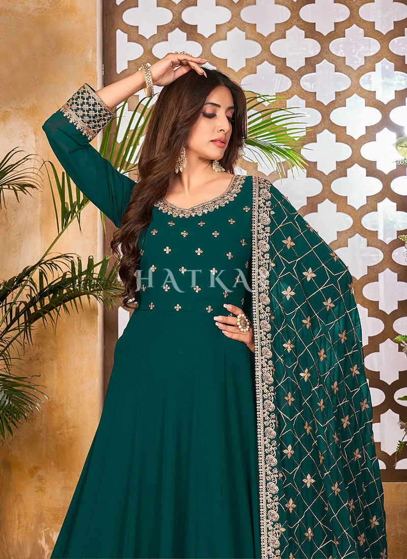 Green And Gold Embroidered Gorgette Anarkali Suit