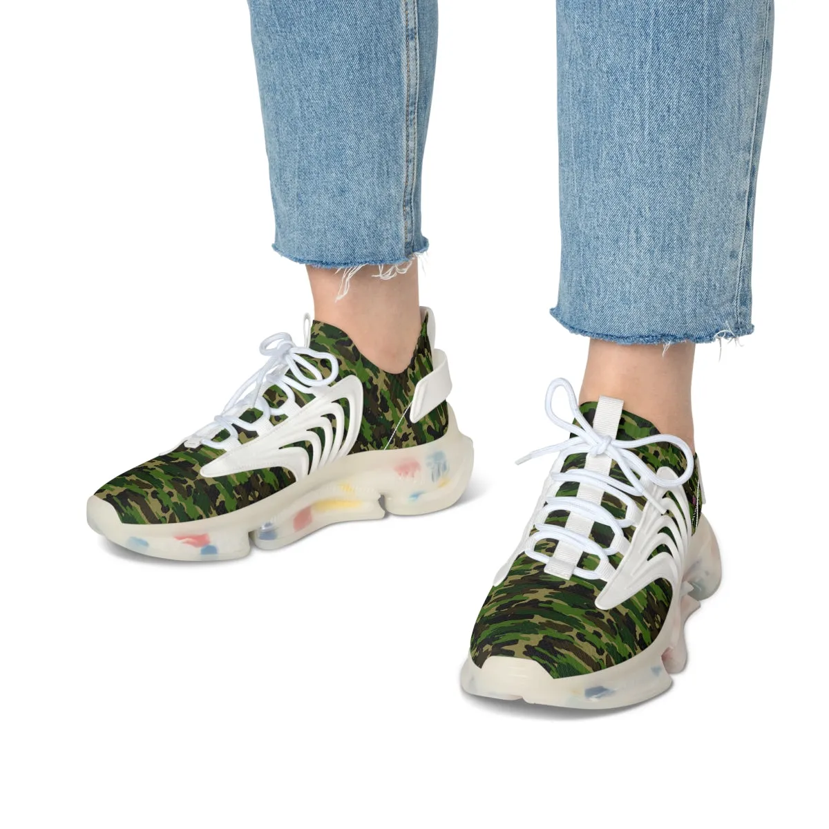 Green Camo Mesh Sneakers, Best Military Army Camo Print Mesh Sneakers For Women (US Size: 5.5-12)