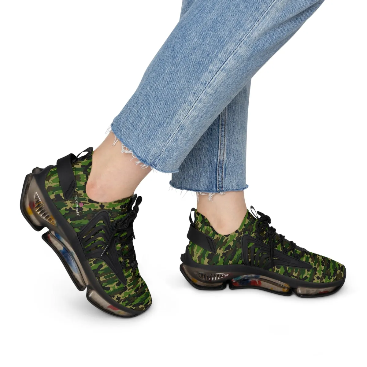 Green Camo Mesh Sneakers, Best Military Army Camo Print Mesh Sneakers For Women (US Size: 5.5-12)