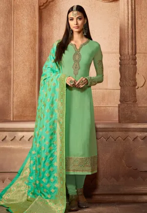 Green Dual Tone Embroidered Satin Churidar Suit