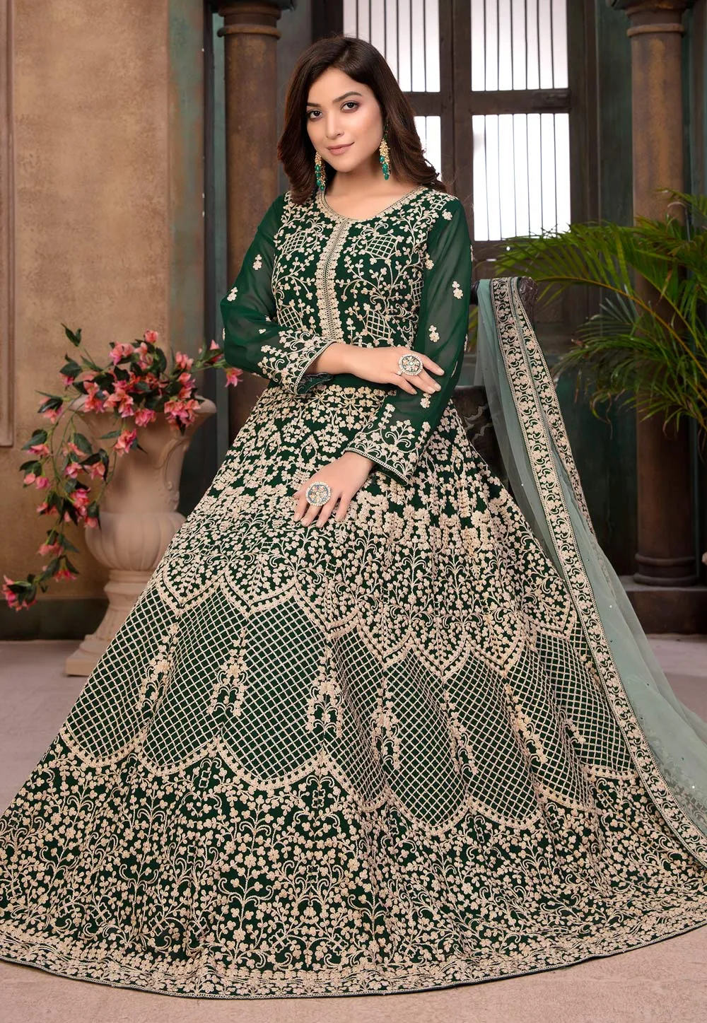 Green Ethnic Embroidered Wedding Anarkali Suit