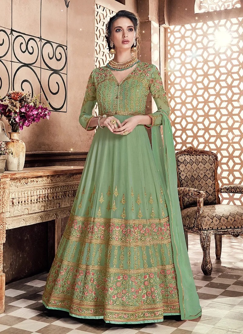 Green Glam Multi Embroidered Flared Anarkali Suit