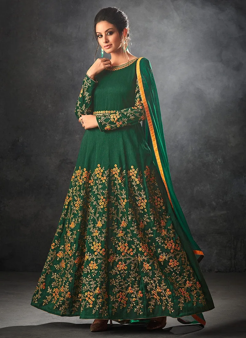 Green Glam With Floral Embroidered Flared Anarkali Suit