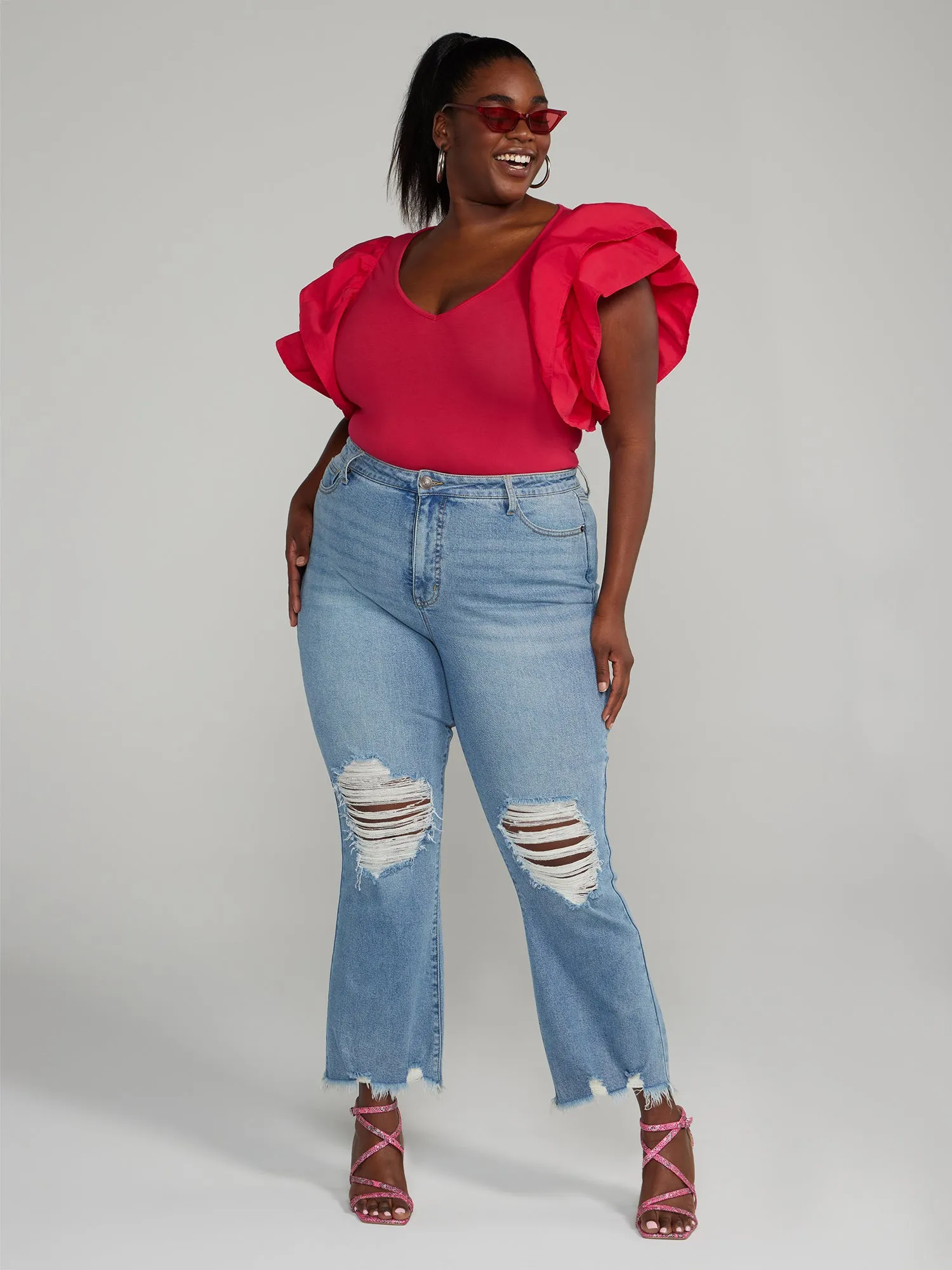 High Rise Destructed Flare Jeans - Tall Inseam