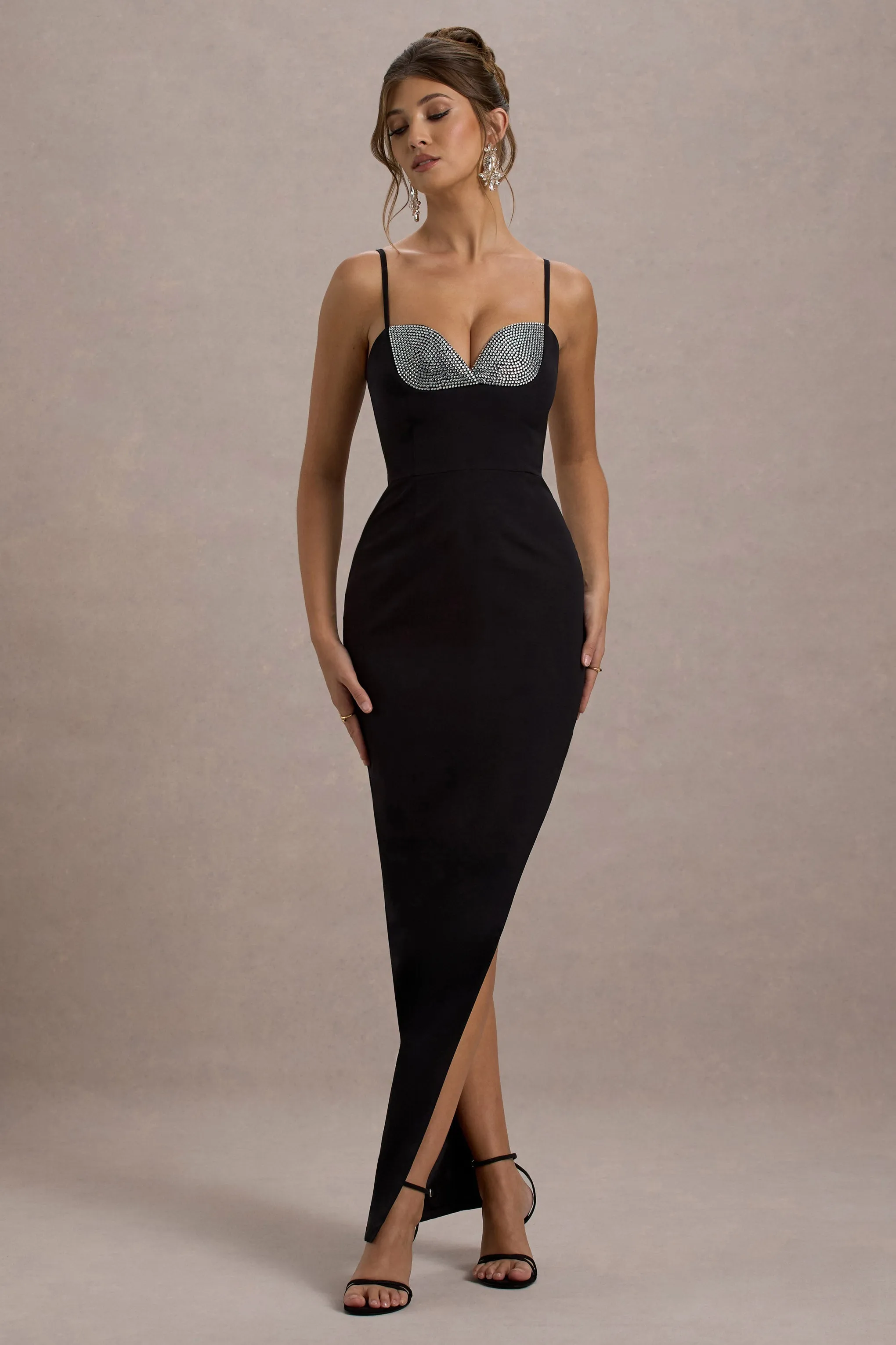 Ignacia | Black Asymmetric Maxi Dress With Hotfix Detail