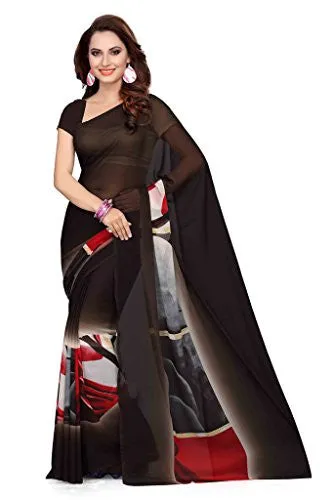 Ishin Faux Georgette Brown Floral Printed Women's Saree.