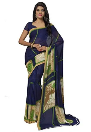 Ishin Faux Georgette Navy Blue Printed Women's Saree.