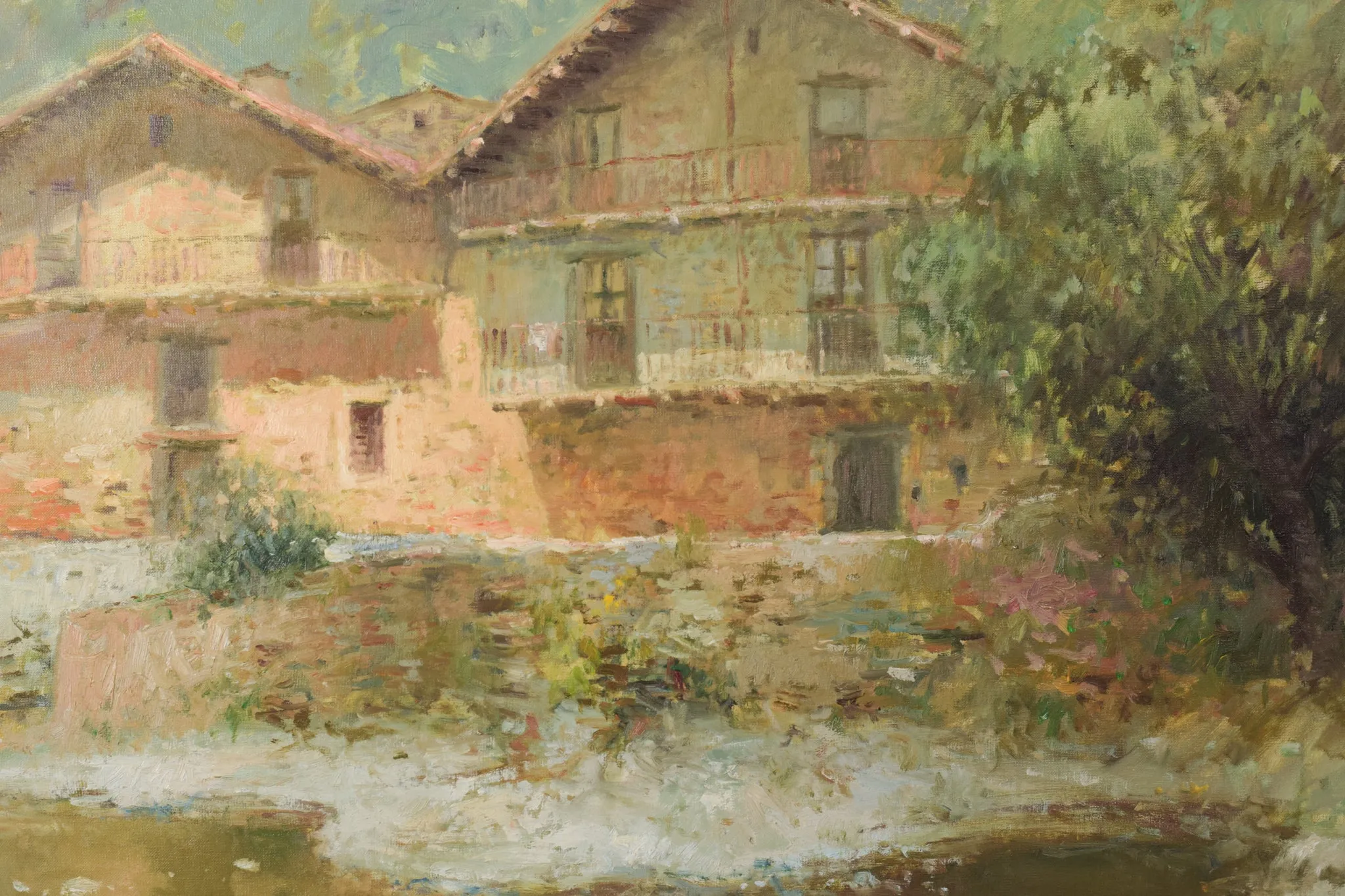 Joan Ramon Palau Junca - Impressionist Painting with River and Chalets