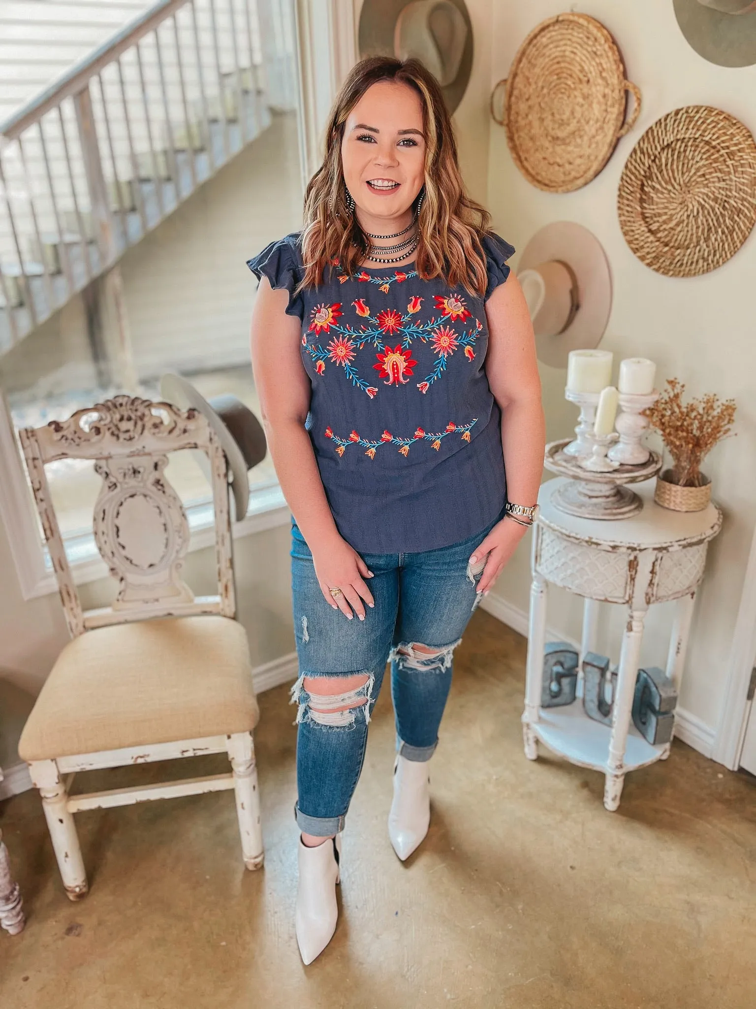 Last Chance Size 1XL | Easily Enchanted Floral Embroidered Ruffle Cap Sleeve Top in Dusty Navy