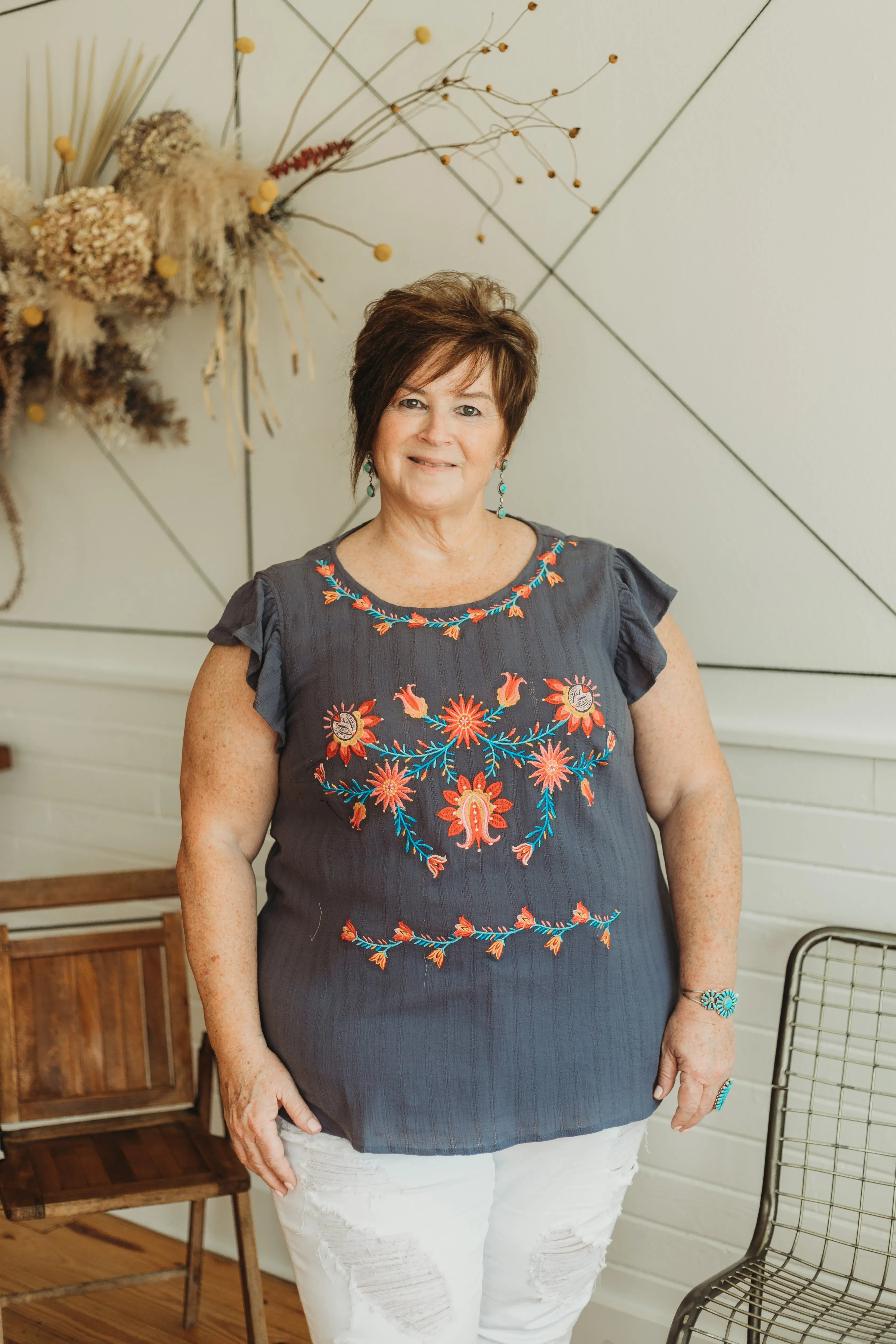 Last Chance Size 1XL | Easily Enchanted Floral Embroidered Ruffle Cap Sleeve Top in Dusty Navy